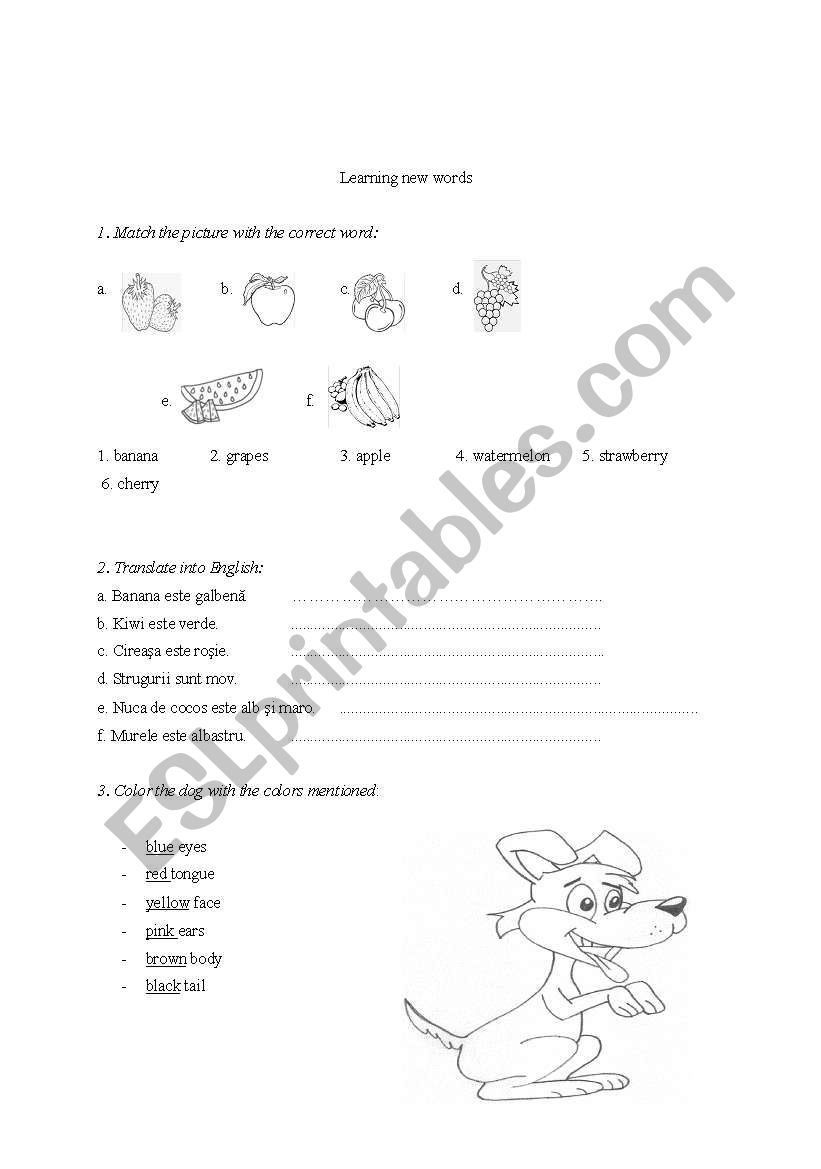 Colours, fruits - elementary worksheet