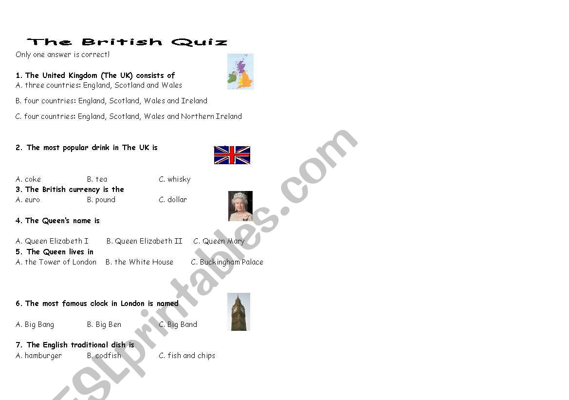 Quiz about The United Kingdom worksheet