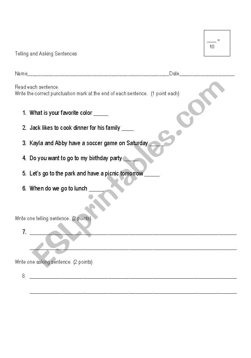 Telling and Asking Sentences worksheet