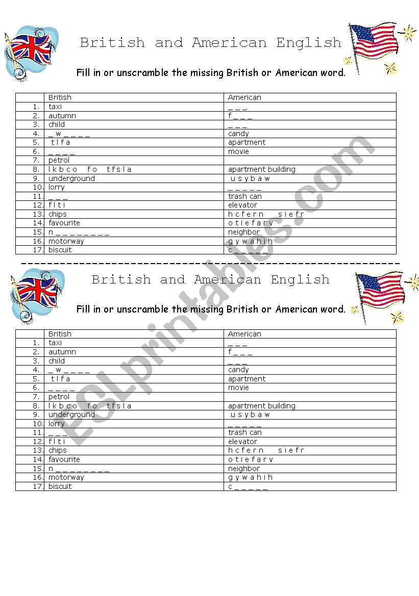 British vs American English worksheet