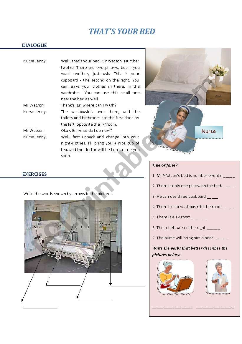 Hospital 3: thatÂ´s you bed worksheet