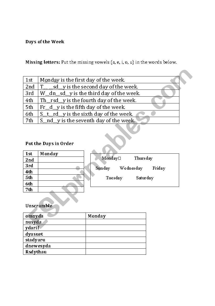 Days of the Week worksheet