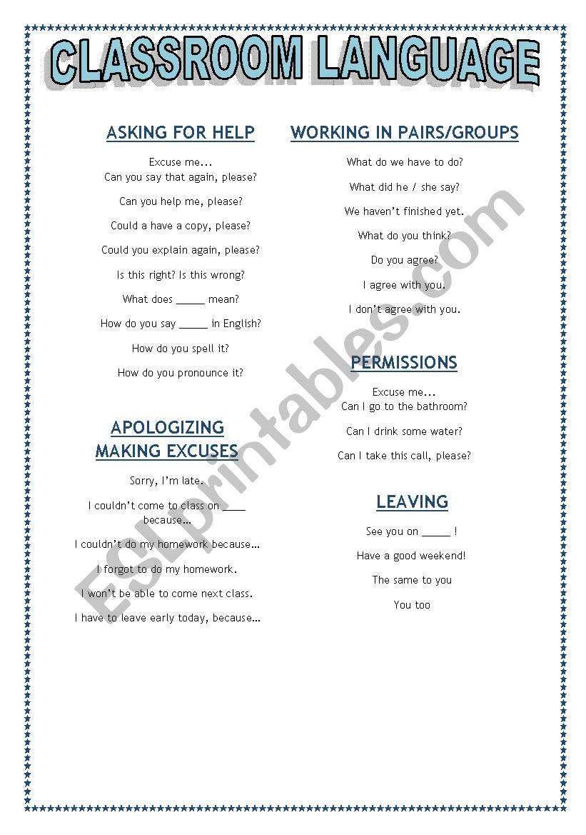 Classroom language worksheet