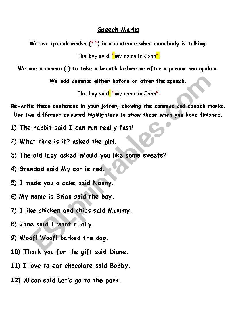 Speech Marks practice worksheet