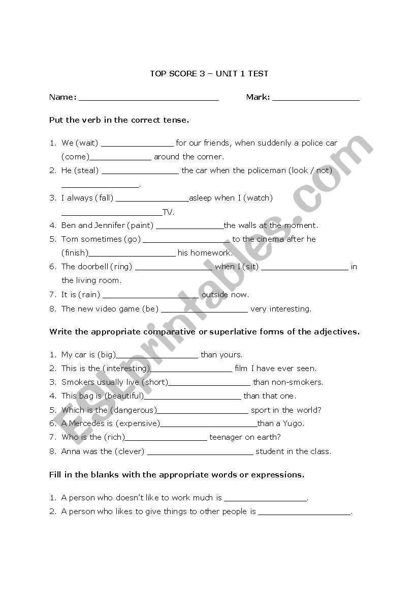 Pre-intermediate grammar test worksheet