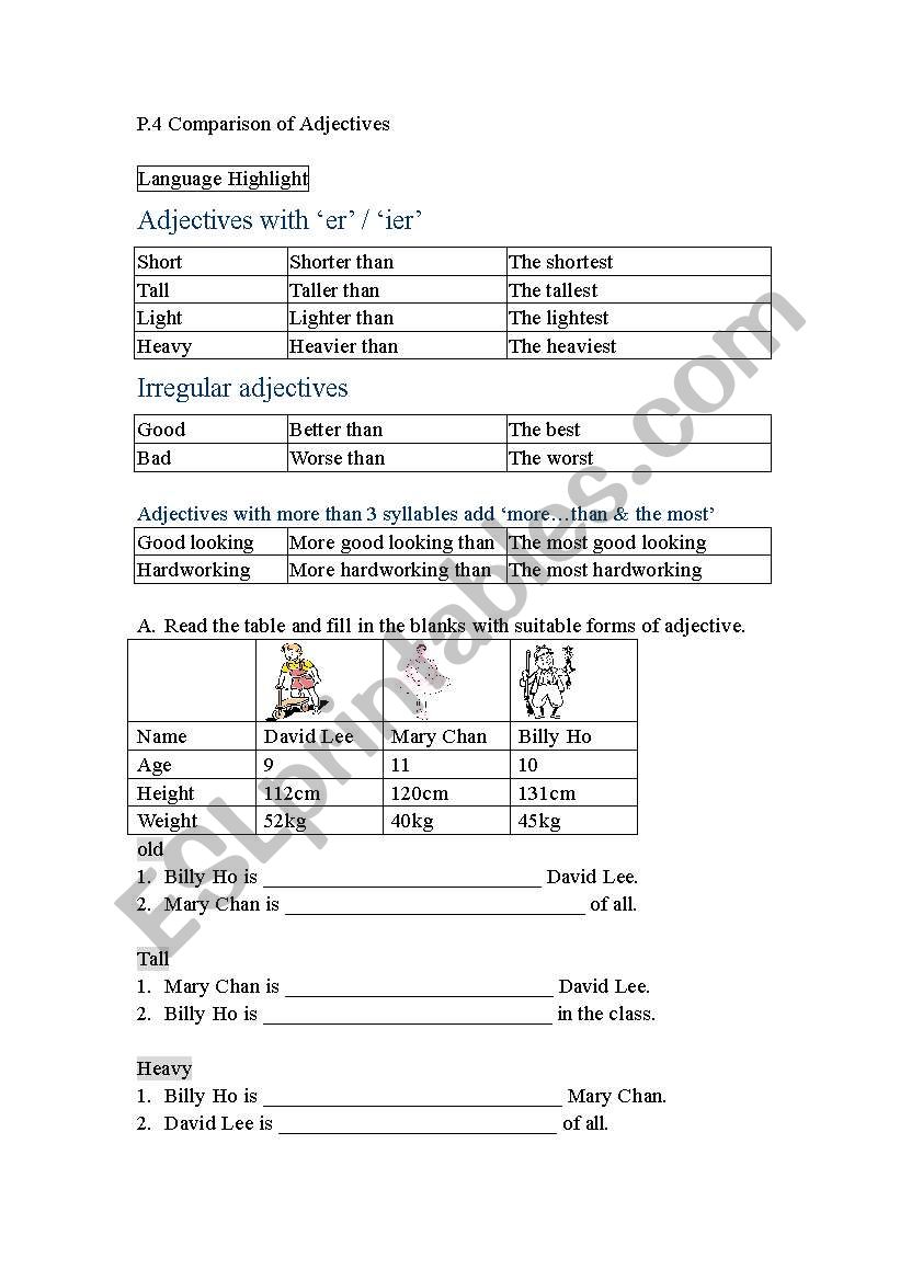 comparsion of adjective worksheet