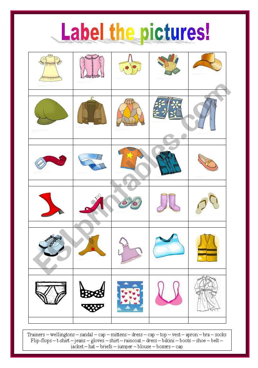 Labelling clothes worksheet