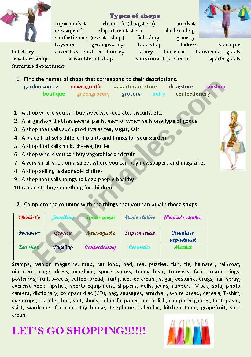 Shopping (types of shops) worksheet