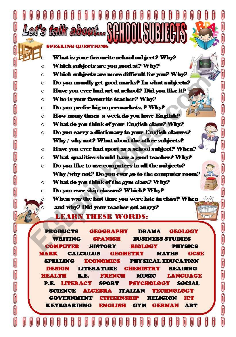 Let´s Talk About School Subjects Speaking Series 87 Esl Worksheet 