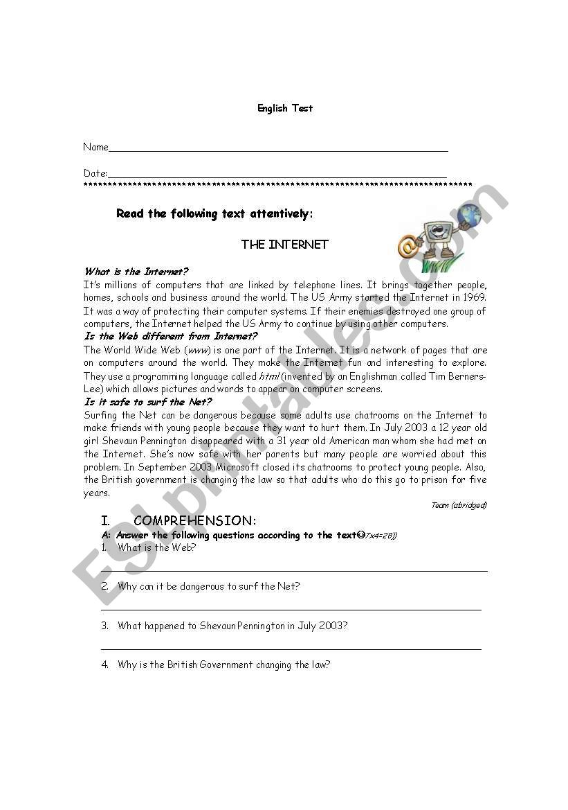 Test - The Internet worksheet