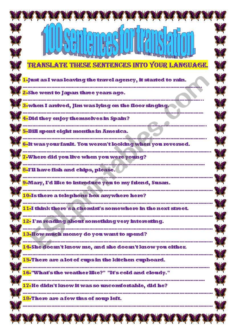 100 SENTENCES FOR TRANSLATION ESL Worksheet By Hallouma