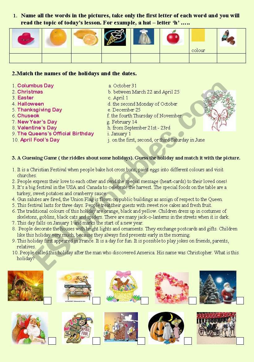 Holidays worksheet