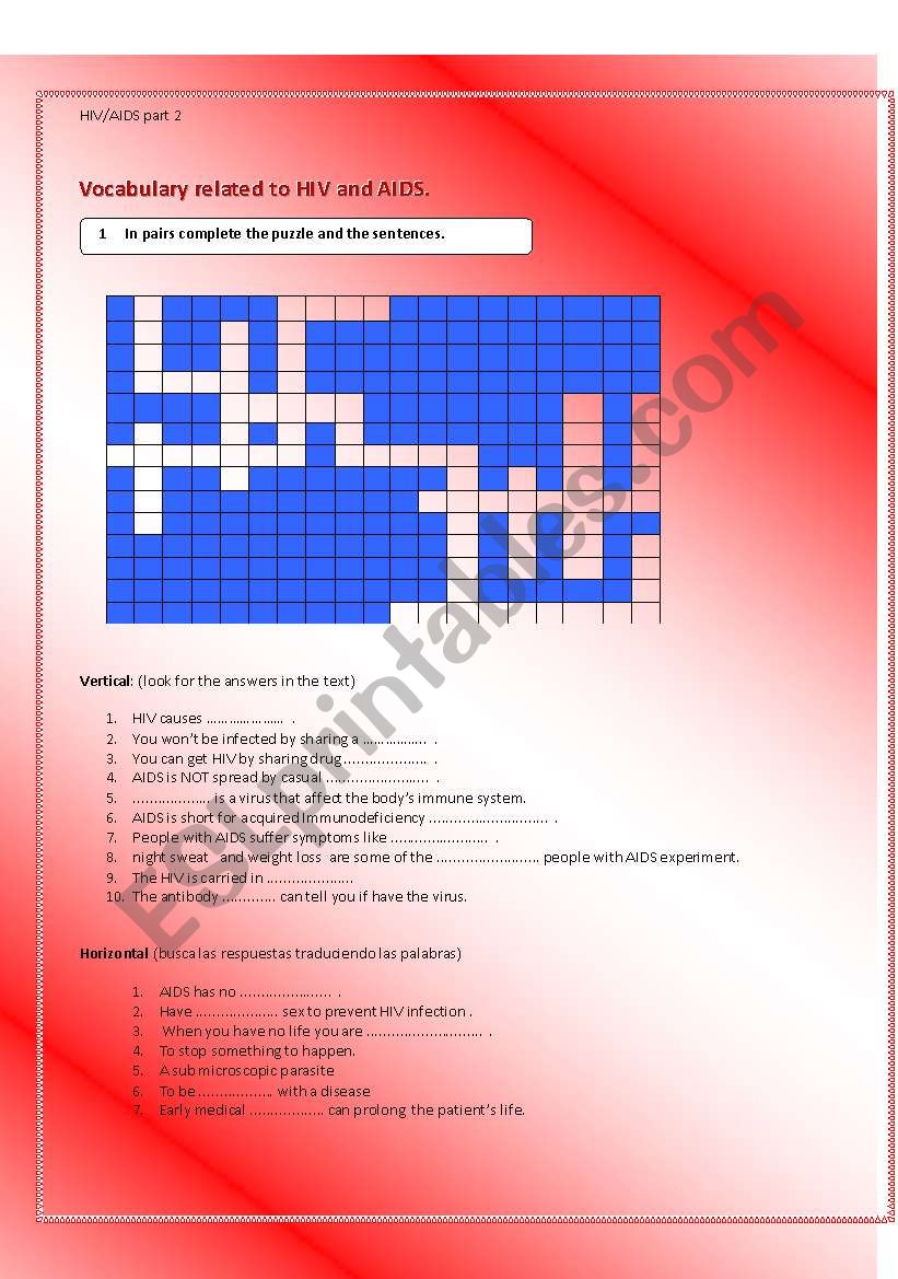 HIV/AIDS vocabulary part 2 worksheet