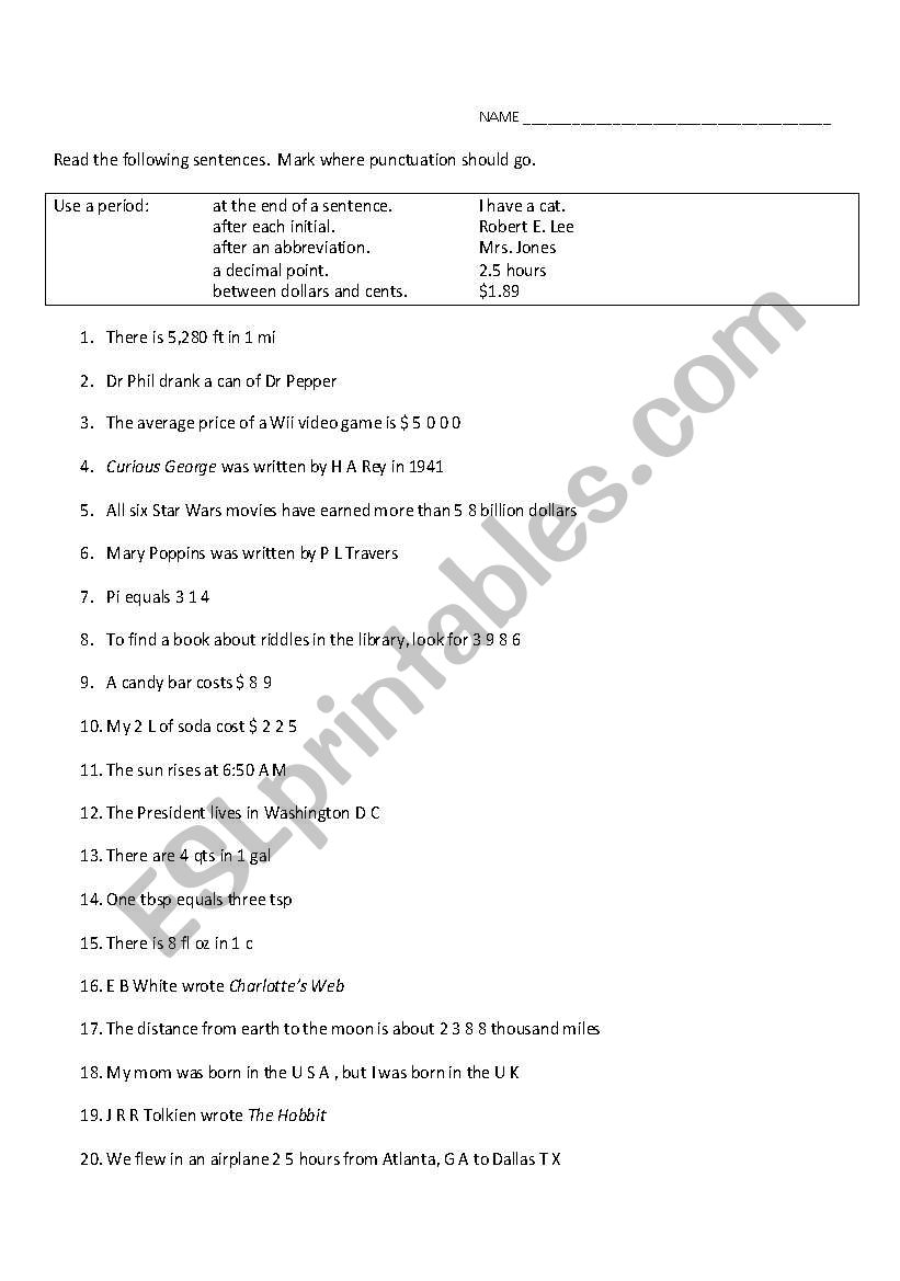 Puncuation Worksheet - Period Rules