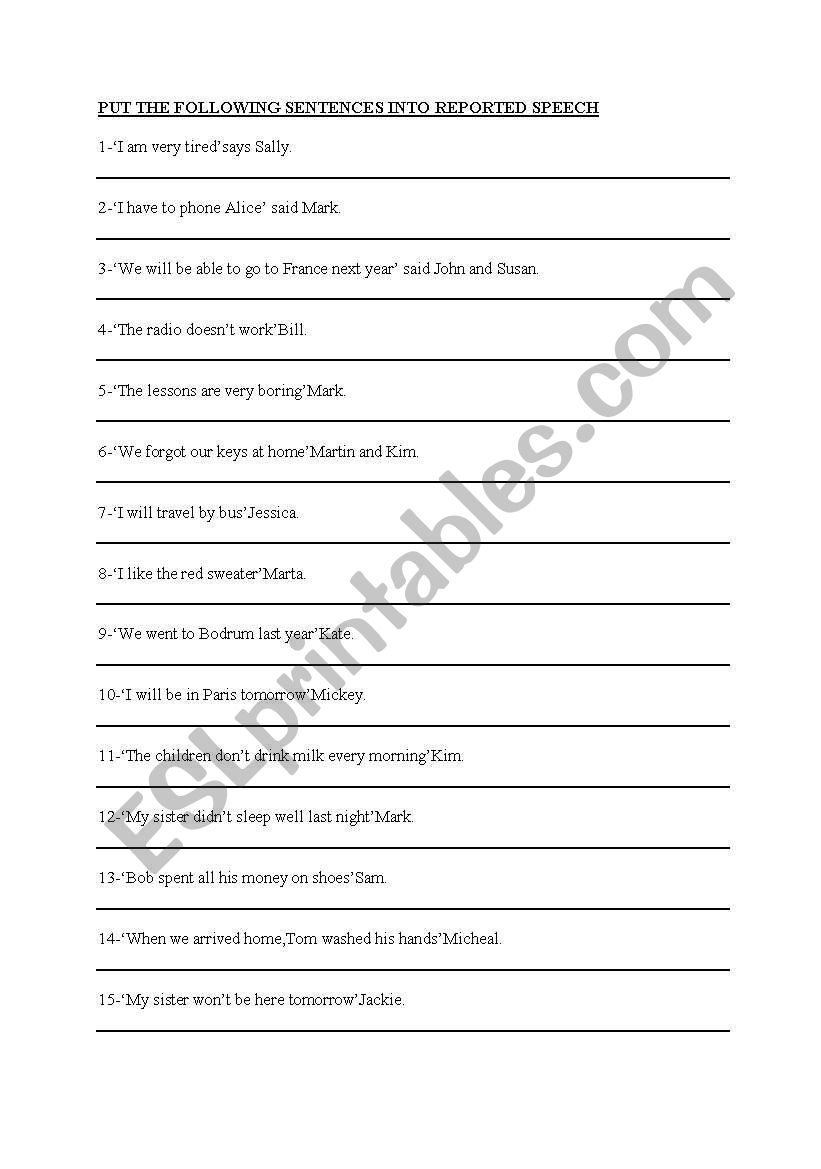 reported speech exercises all tenses pdf