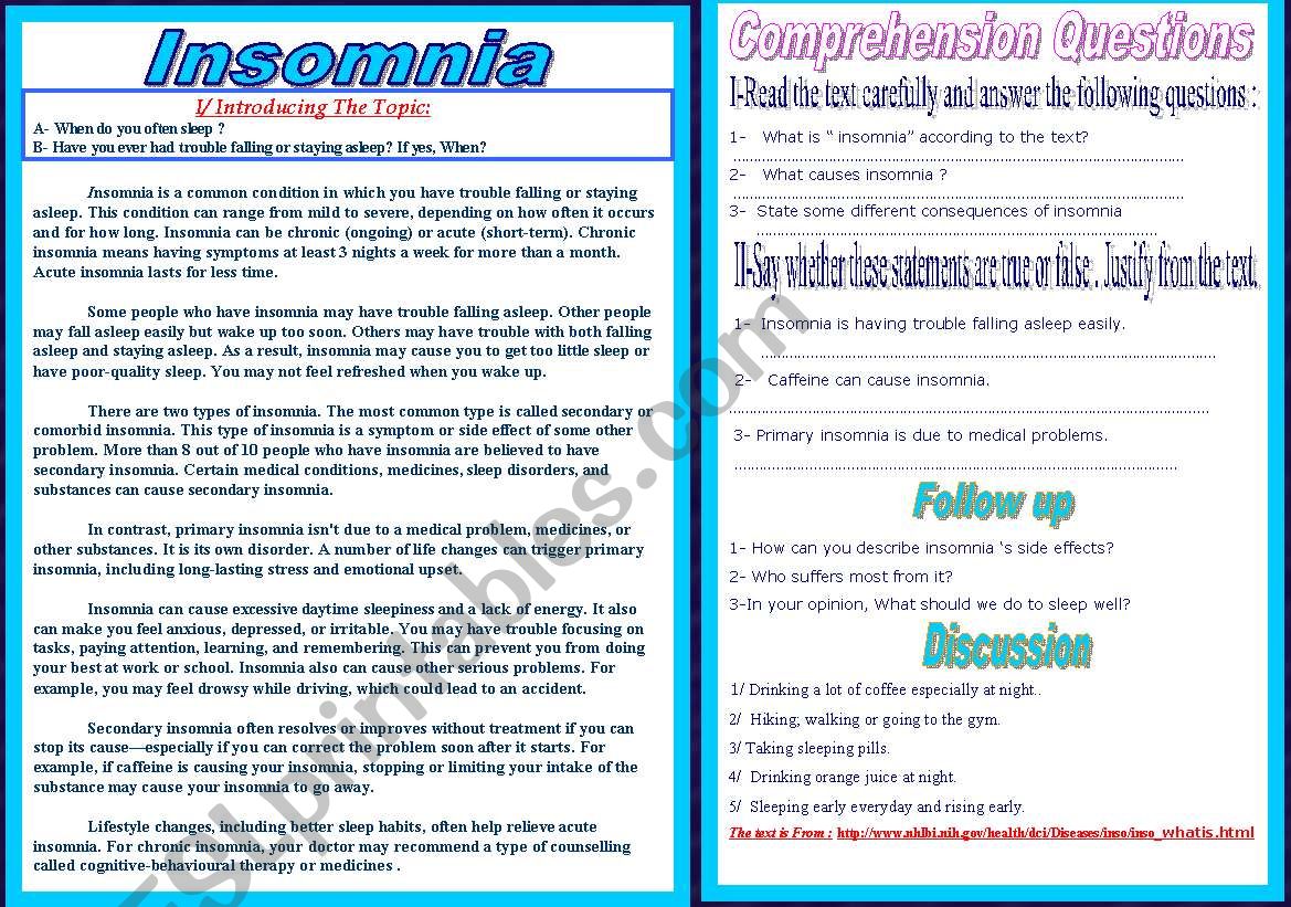 Insomnia : Reading text worksheet