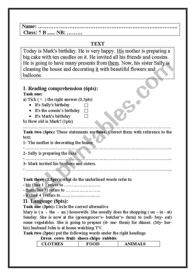 test worksheet