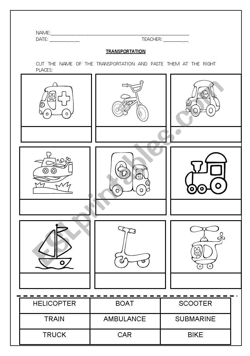 TRANSPORTS - CUT  AND  PASTE worksheet
