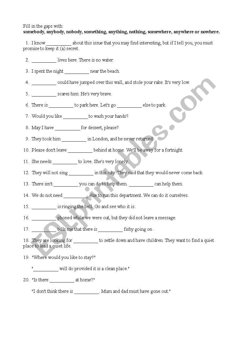 Indefinite pronouns worksheet