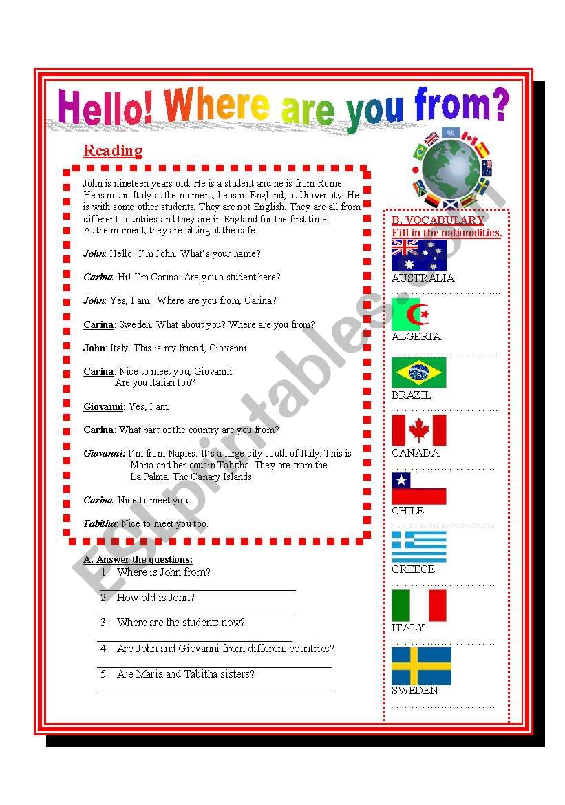 Reading- Where are you from? worksheet