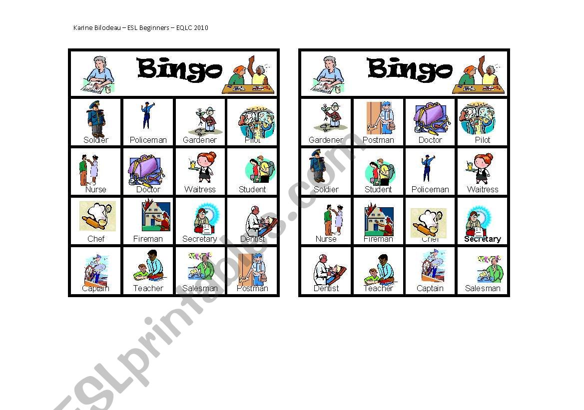 Bingo cards - Jobs - Part 1/3 worksheet