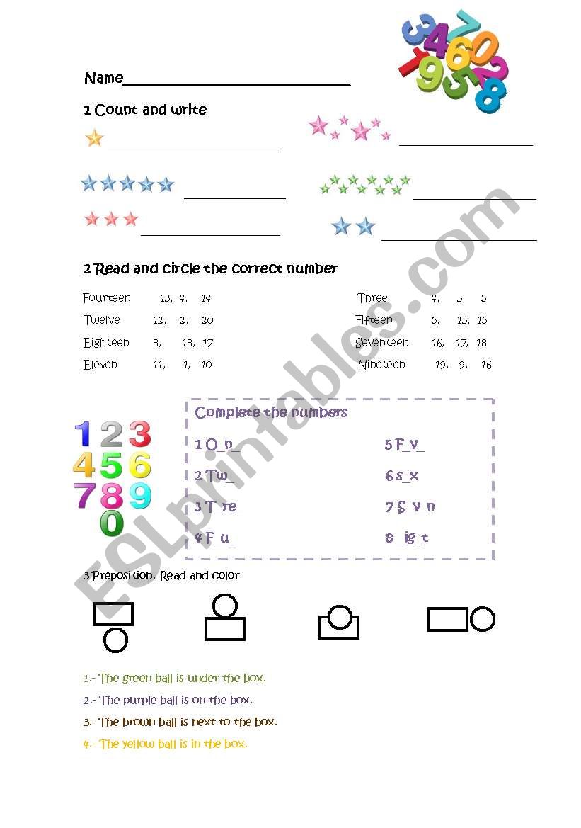 Numbers and prepositions  worksheet