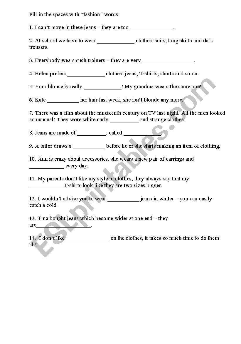Fashion and clothes worksheet