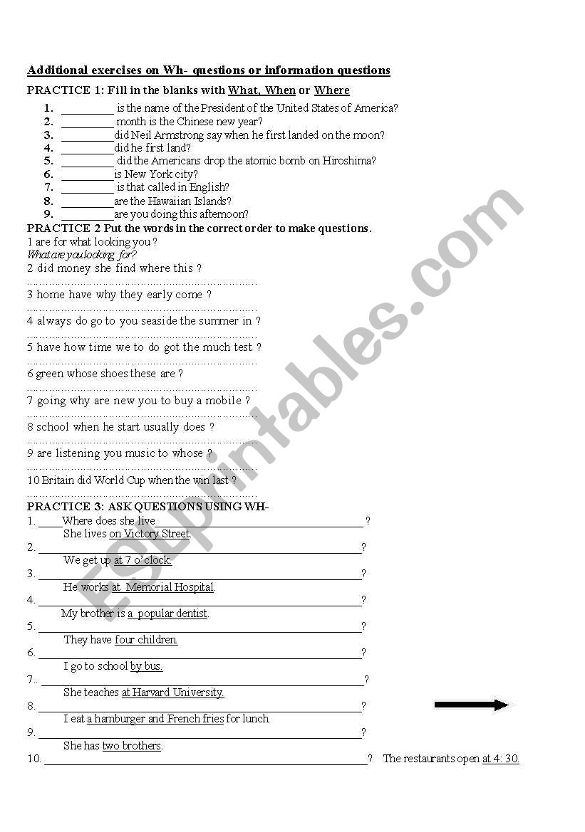 Wh- questions Exercises worksheet