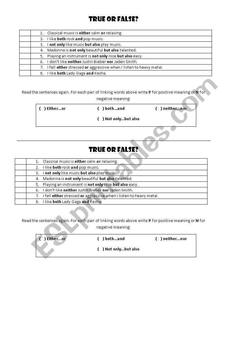 Either...or Neither...nor worksheet