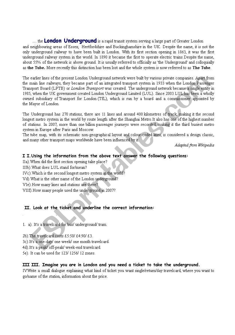 London Underground worksheet