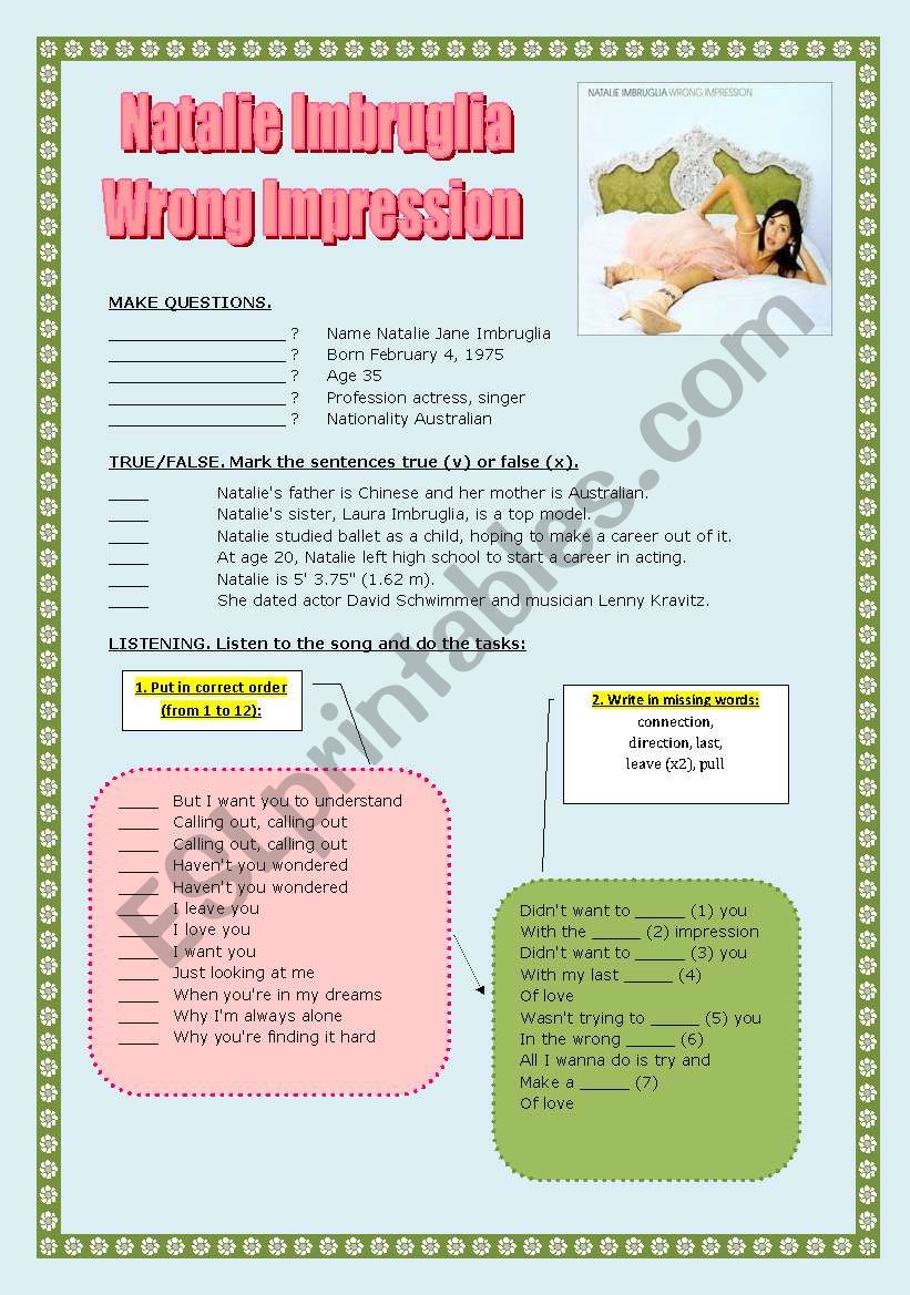 Natalie Imbruglia Wrong Impression song-based activity (fully editable)