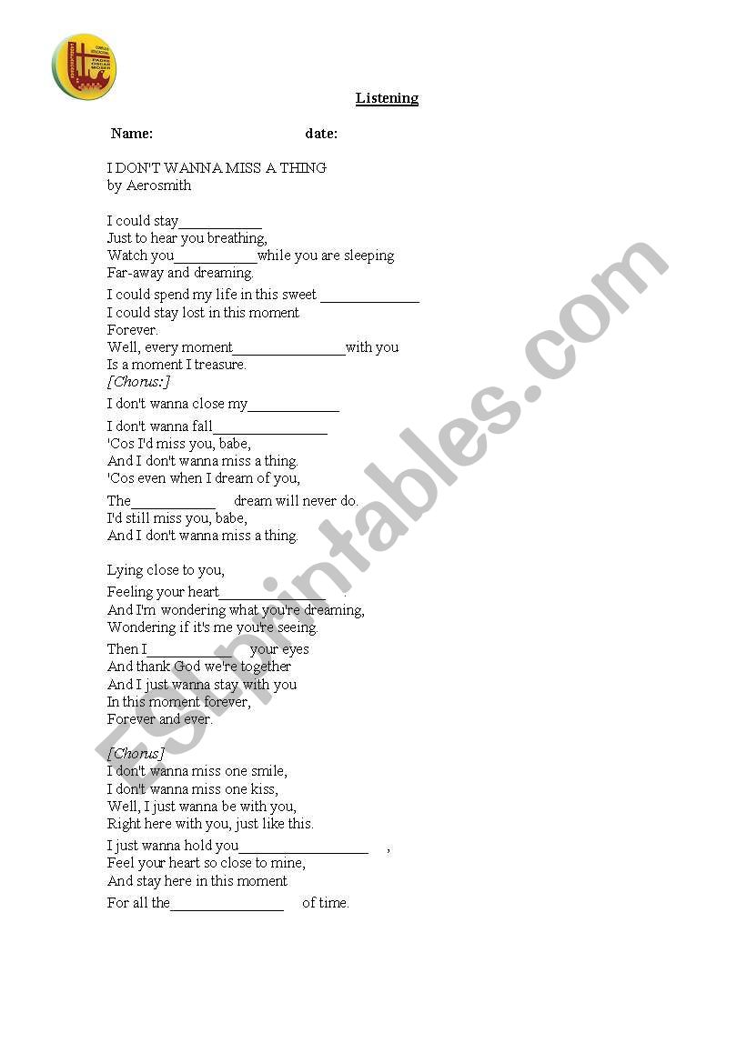 I dont wanna miss a thing worksheet