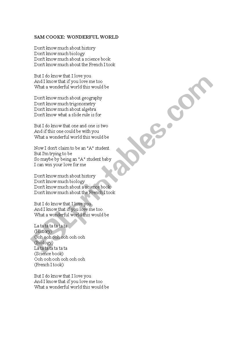 sam cooke worksheet