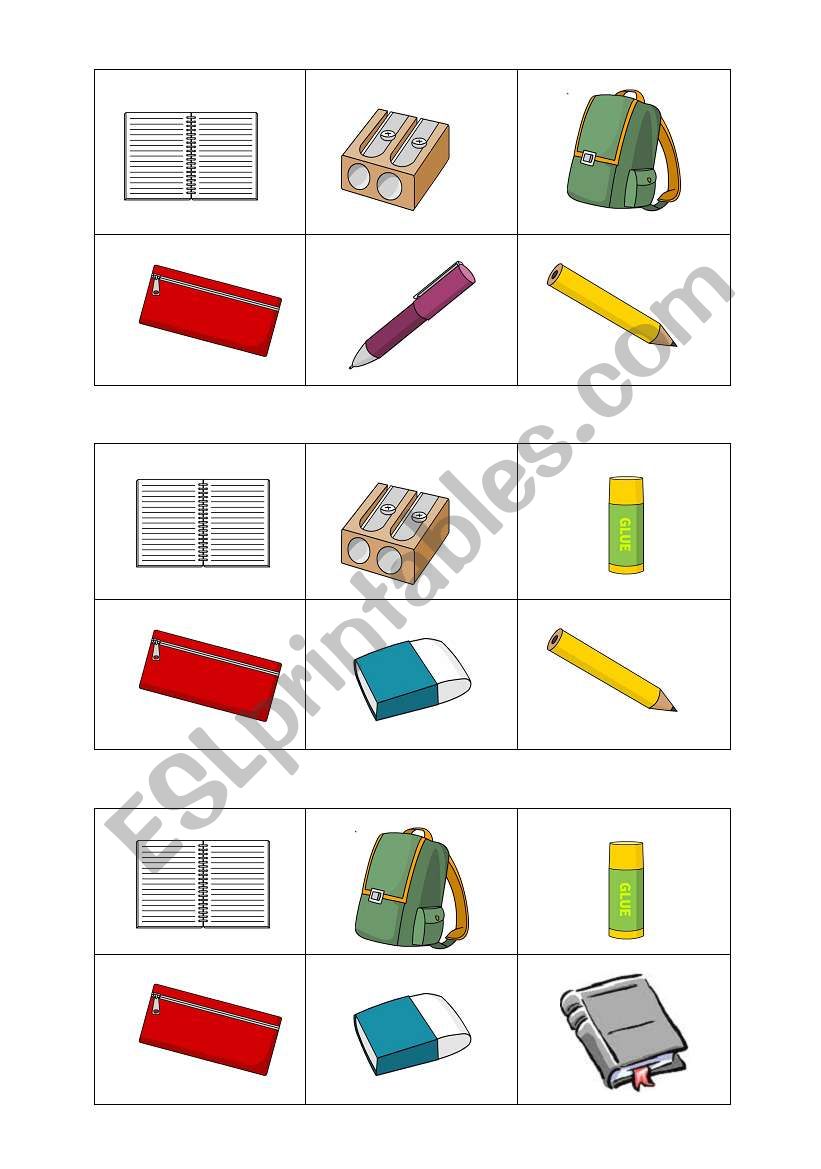 school objects bingo worksheet