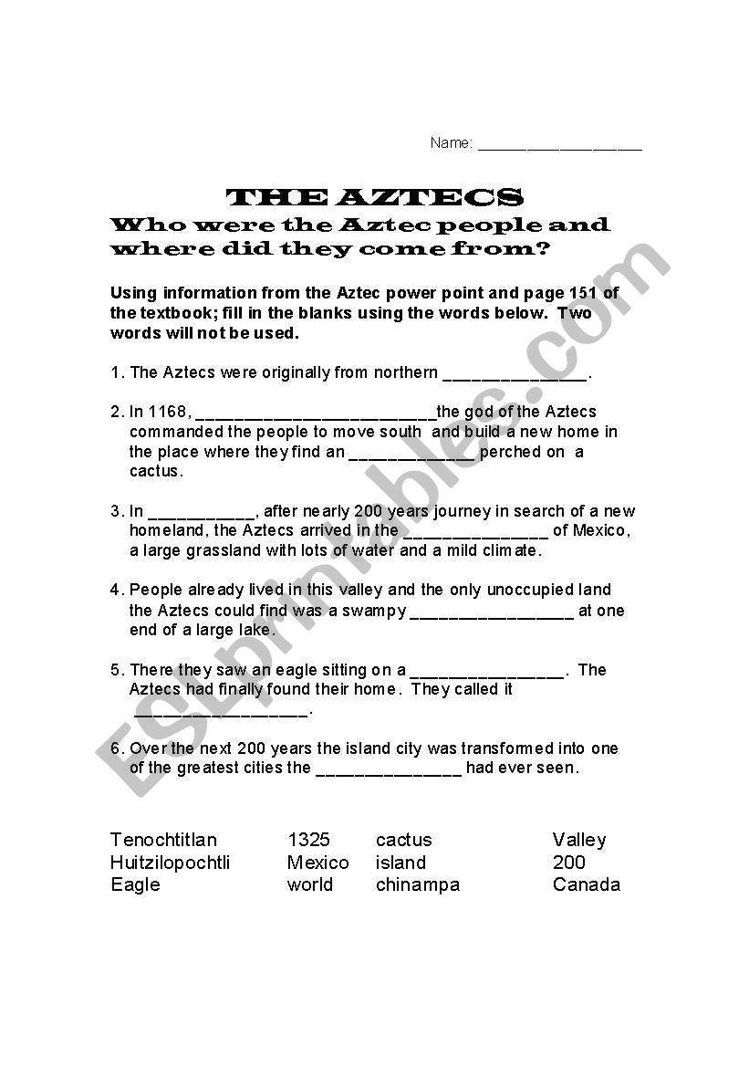 The Aztecs -  Fill in the Blanks Worksheet