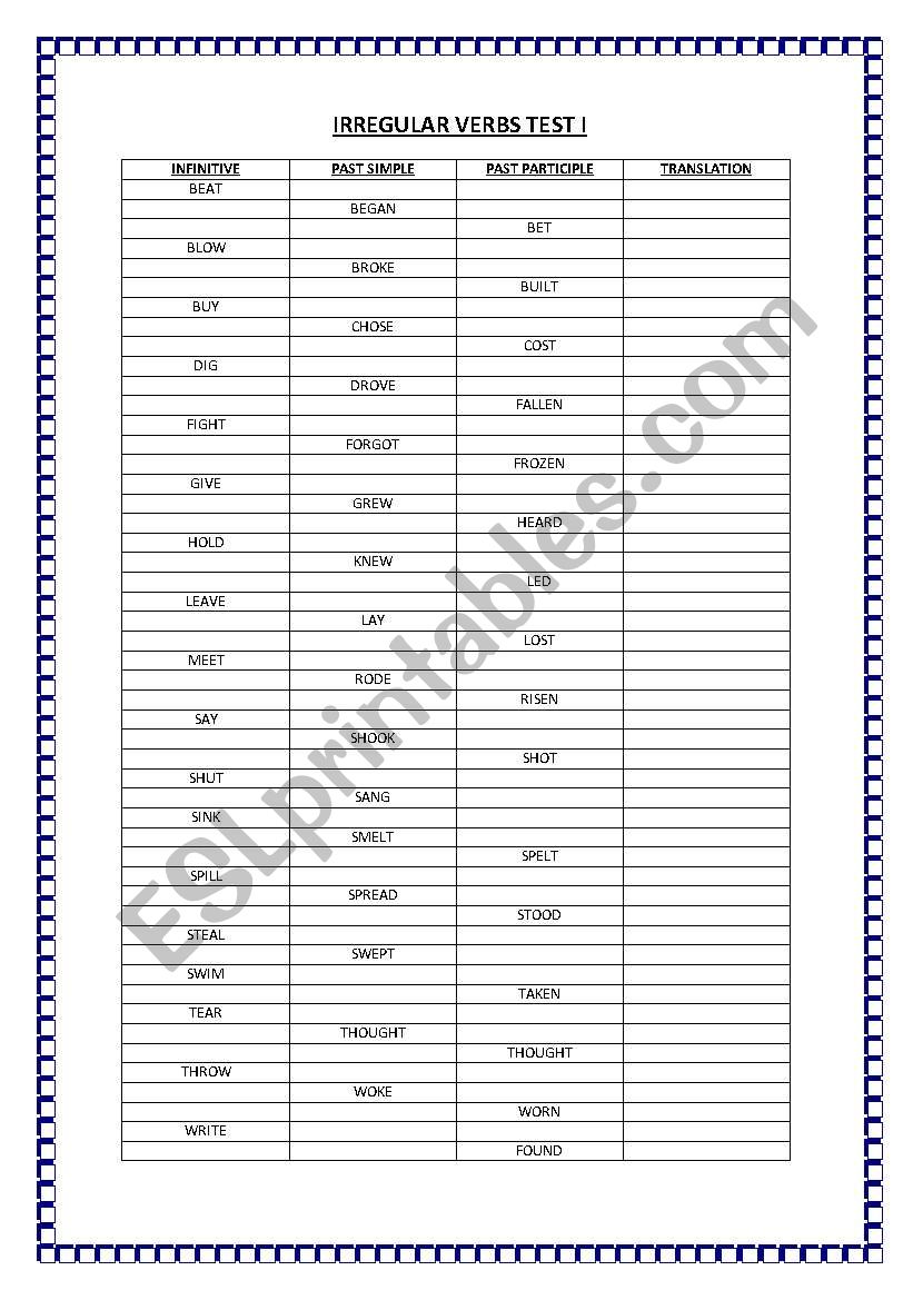 Irregular verbs test I worksheet