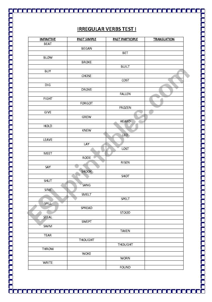 Irregular verbs test I worksheet