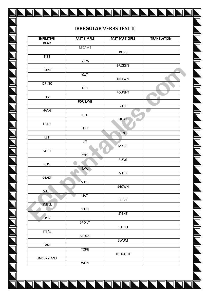 Irregular verbs test II worksheet