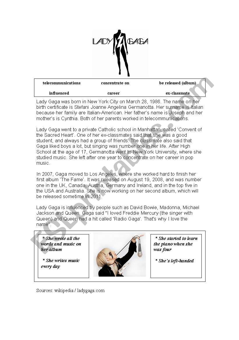 Lady Gaga reading & worksheet worksheet