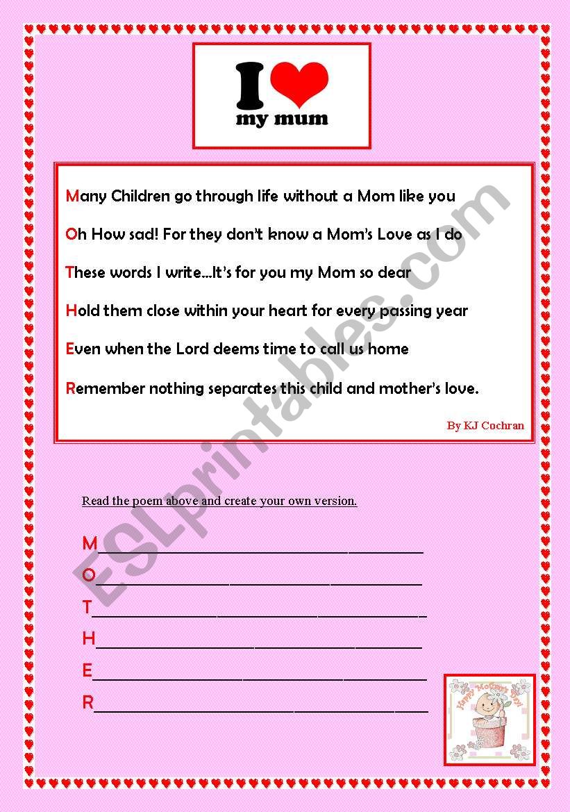 Poem - Mothers day worksheet