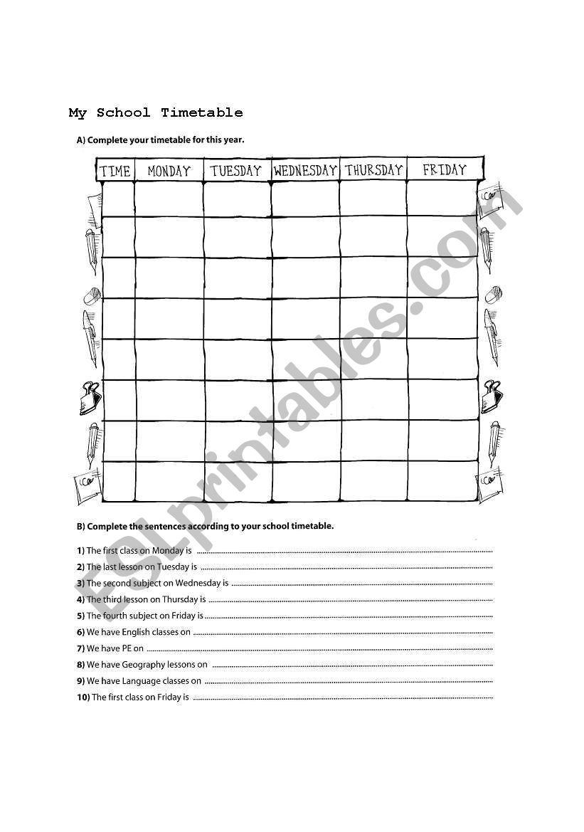 My School Timetable worksheet