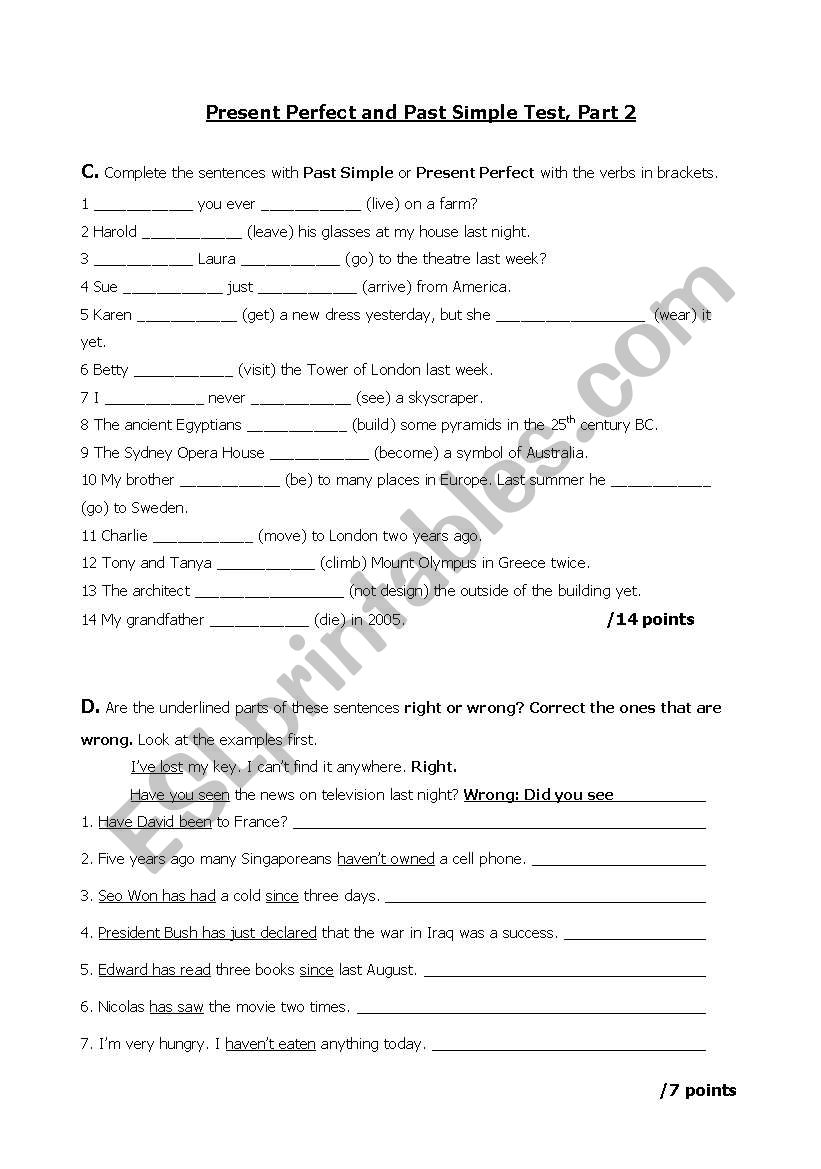 Present Perfect Test, Part 2 worksheet