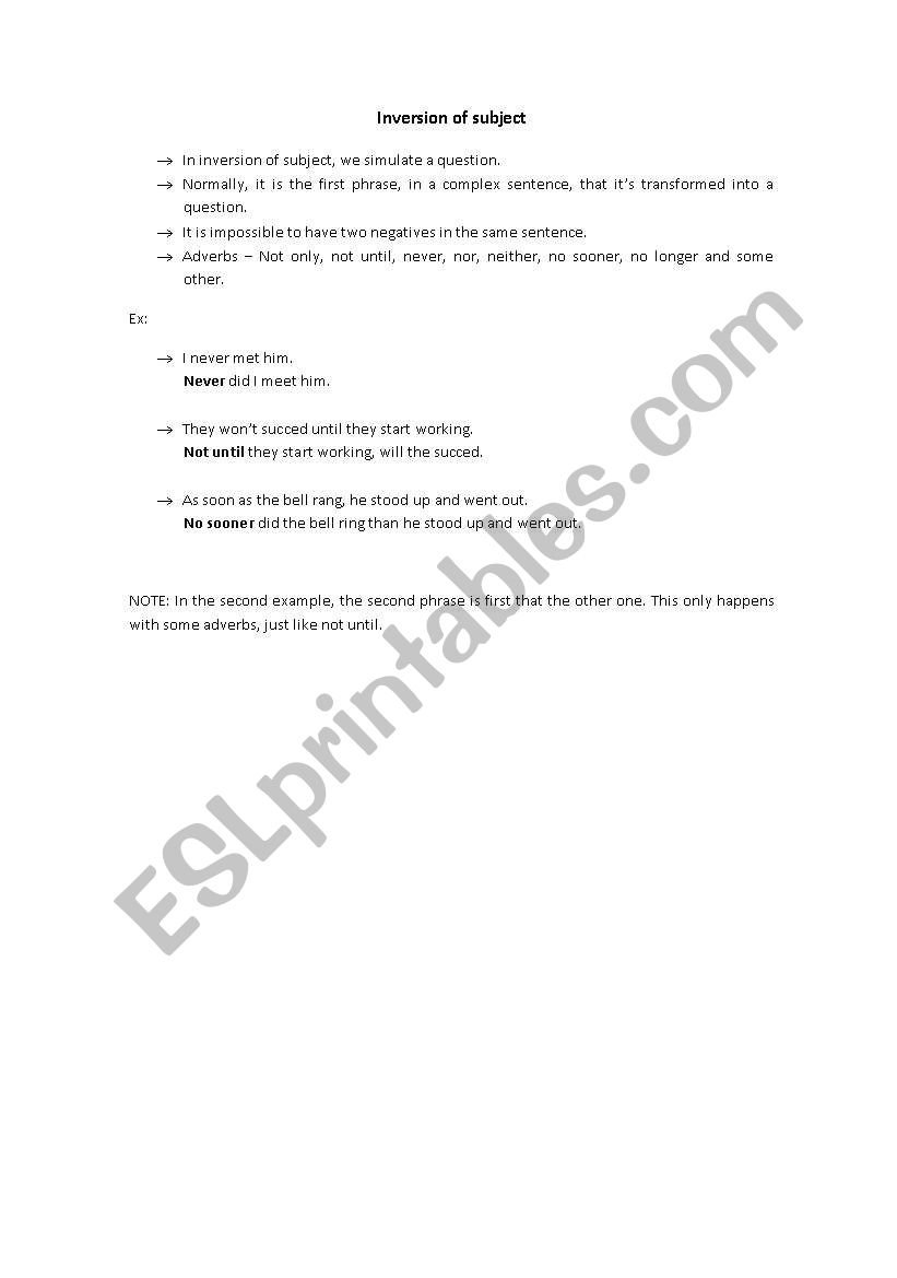 Inversion of subject worksheet