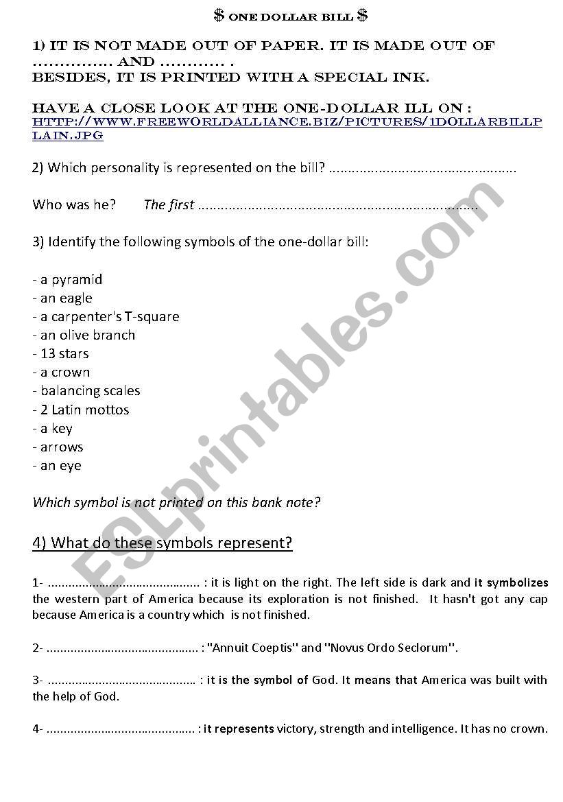 American Dollar Bill worksheet