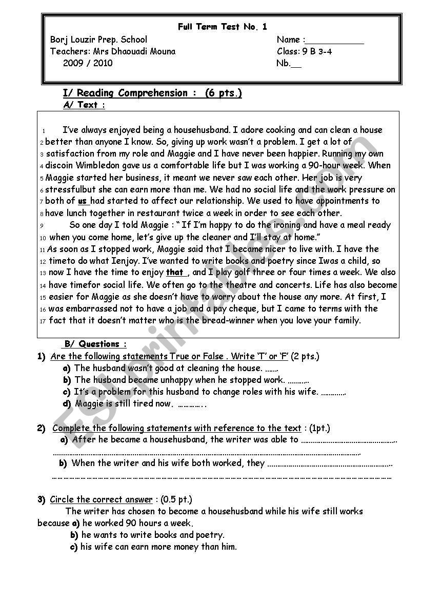  Full term test nÂ° 1 worksheet