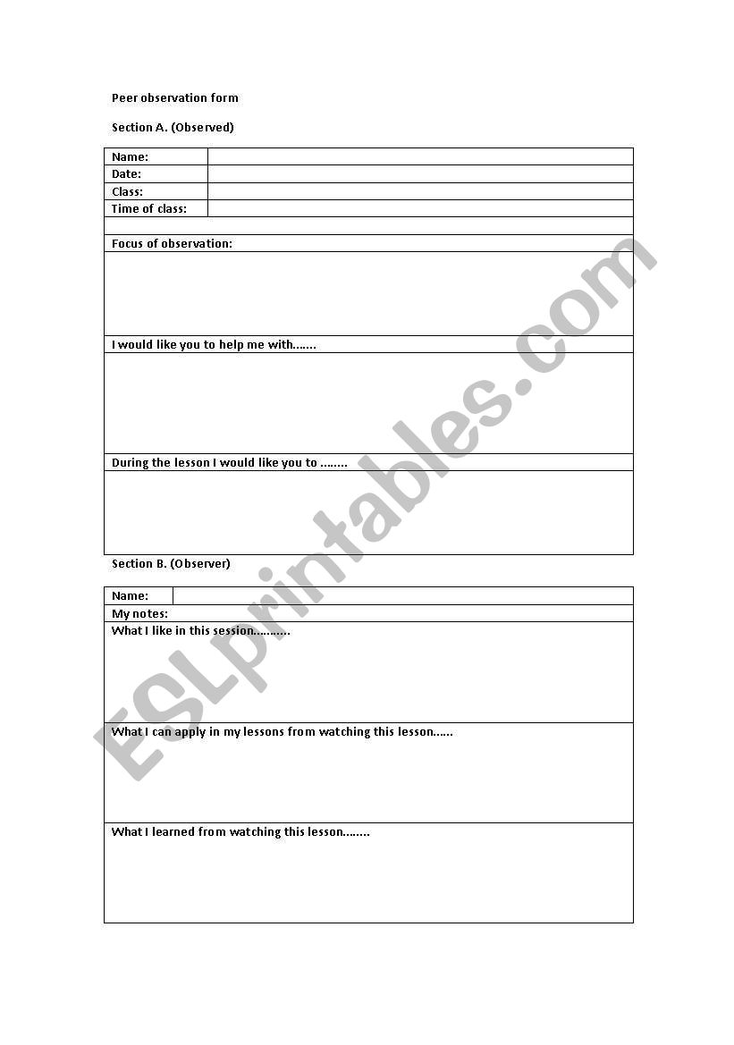 peer observation worksheet