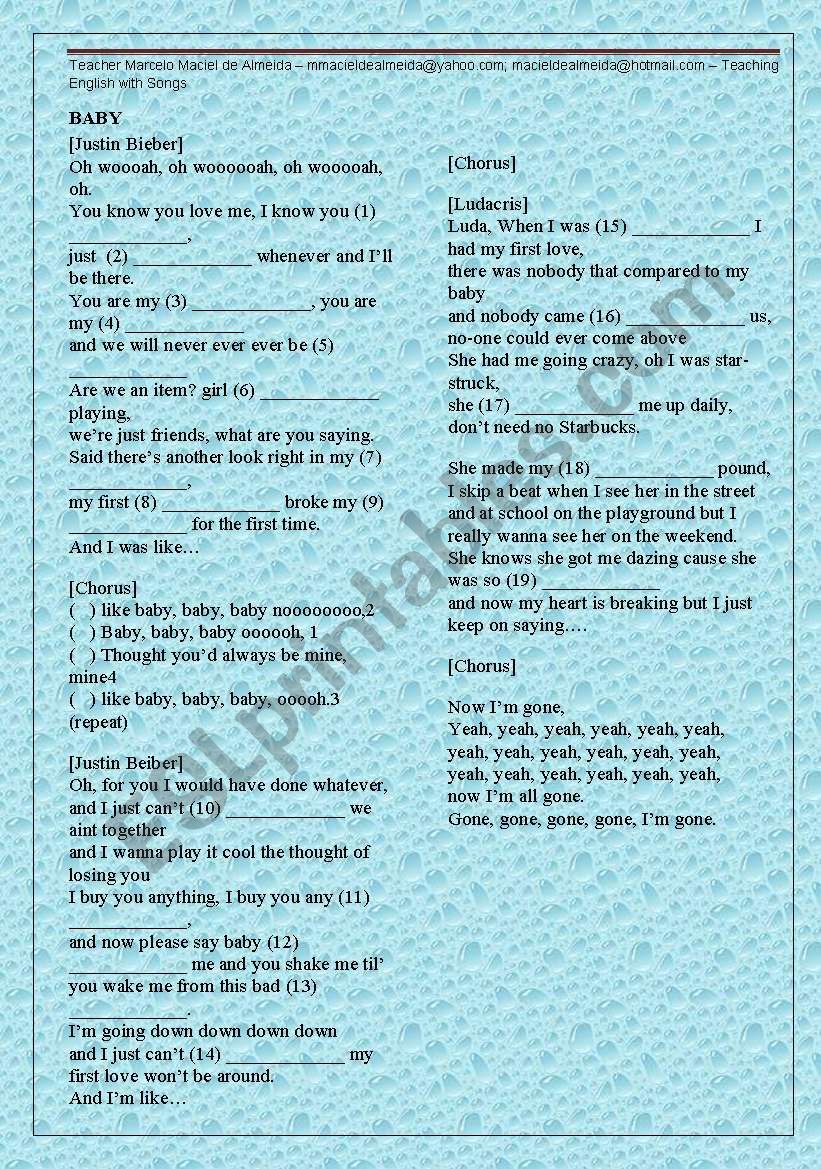 Baby By Justin Bieber Upper Intermediate Esl Worksheet By Marceloenglishteacher Baby By Justin Bieber Upper Intermediate Esl Worksheet By Marceloenglishteacher