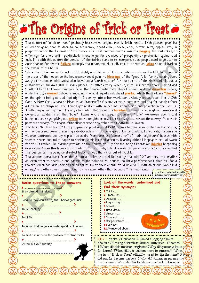 THE ORIGINS OF ´ TRICK OR TREAT ´. ESL worksheet by LUCETTA06