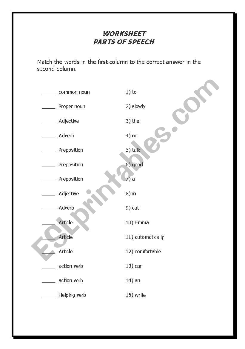 parts of speech worksheet