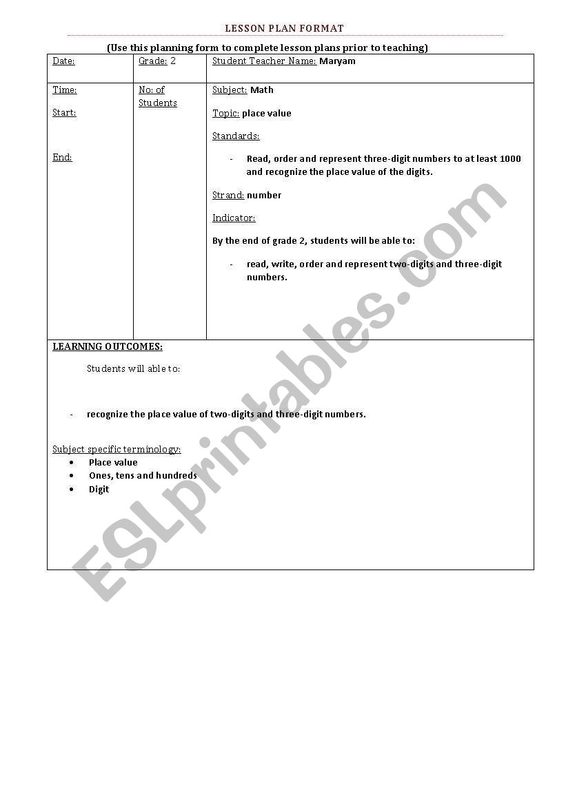 math lesson plan on place value